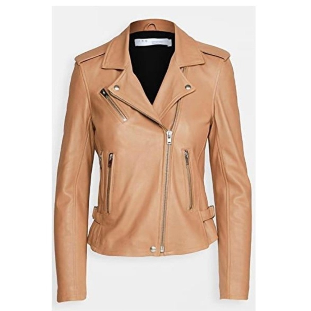 IRO Luigaspe Moto Jacket Women 36 Tan Lamb Leather Asymmetrical Zip Biker Chic - Picture 2 of 16